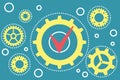 Right business solution concept with yellow gears illustration and red check mark on blue backdrop Royalty Free Stock Photo