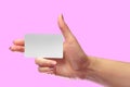 Right Female Hand Hold Blank White Card Mock-up. SIM Cellular Plastic NFC Smart Tag Call-card Mock Up Template. Credit Namecard. Royalty Free Stock Photo