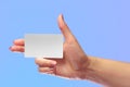 Right Female Hand Hold Blank White Card Mock-up. SIM Christmas Gift. Loyalty Shop Card. Plastic Transport Ticket. Transponder NFC Royalty Free Stock Photo
