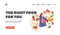 Right Food Landing Page Template. Woman Eating Priorities, Food Choice Concept with Female Characters Choose Meals