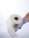 Right hand in blue glove holding  a roll of toilet paper Royalty Free Stock Photo