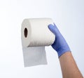 Right hand in blue glove holding a roll of toilet paper Royalty Free Stock Photo