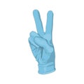 Right hand in a blue glove.two fingers.sign peace and victory