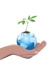 Right hand holding the Earth with a small tree. Royalty Free Stock Photo