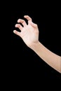 Right hand of a man trying to reach or grab something. fling, touch sign. Reaching out to the left. isolated on black background Royalty Free Stock Photo