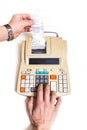 Hand presses cash register keys another takes out check Royalty Free Stock Photo