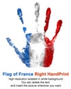 Right hand print in French flag color isolated on white background. Symbol of France and national holidays Royalty Free Stock Photo