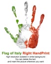 Right hand print in italy flag color isolated on white background. Symbol of Italy and national Italian holidays Royalty Free Stock Photo