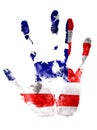 Right hand print in USA flag colors on white isolated background. Royalty Free Stock Photo