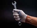 The right hand in a work glove holds a wrench on a dark background Royalty Free Stock Photo
