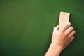 Right of hands holding using brush erasing on blackboard,Education concept