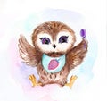 Small owl watercolor illustrtion print to decorate children`s clothing and children`s rooms. 