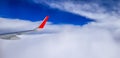 Right jet plane wing over the cloudy sky Royalty Free Stock Photo