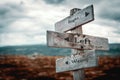 Right, left, wrong wooden signpost in nature