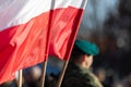 Polish flags are flying and in the background stands a soldier in uniform and a green beret.
