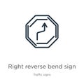 Right reverse bend sign icon. Thin linear right reverse bend sign outline icon isolated on white background from traffic signs Royalty Free Stock Photo