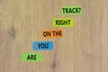 Right track symbol. Concept words Are you on the right track on colored paper on a beautiful wooden table wooden background. Copy Royalty Free Stock Photo