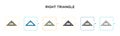 Right triangle vector icon in 6 different modern styles. Black, two colored right triangle icons designed in filled, outline, line Royalty Free Stock Photo