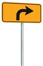 Right turn ahead route road sign perspective, yellow isolated roadside traffic signage this way only direction pointer black arrow