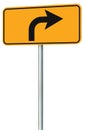 Right turn ahead route road sign perspective, yellow isolated roadside traffic signage this way only direction pointer black arrow Royalty Free Stock Photo