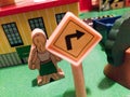 Right turn sign in toy city play town in miniature