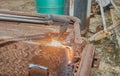 Right View of Car Body Part Removal by Oxygen Acetylene Cutting Torch Royalty Free Stock Photo