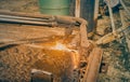 Right View of Car Body Part Removal by Oxygen Acetylene Cutting Torch in Vintage Tone