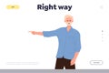 Right way landing page design template with shocked surprised senior man pointing with index finger