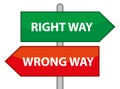 Right way and wrong way road signs. Vector indecision concept illustration. Royalty Free Stock Photo