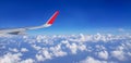 Right wing of jet plane over cloudy sky Royalty Free Stock Photo