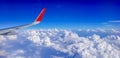 Right wing of jet plane over cloudy sky Royalty Free Stock Photo