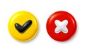 Right and wrong 3d buttons. Quiz answer time game. Glossy round icons with a checkmark, cross. Vector