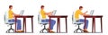 Right and Wrong Sitting Postures. Male Character Sit at Desk Work on Pc at Correct and Incorrect Spine Seat Positions Royalty Free Stock Photo