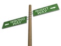 Right Wrong Way Green Road Sign on Wooden Pole Royalty Free Stock Photo