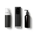 The rightmost bottle is black with a rounded shape and a pump Royalty Free Stock Photo