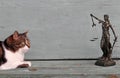 A cat and a Justitia figure on a wooden background