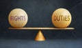 Rights and Duties in balance - a metaphor showing the importance of two aspects of life staying in equilibrium to create Royalty Free Stock Photo