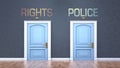 Rights and police as a choice - pictured as words Rights, police on doors to show that Rights and police are opposite options