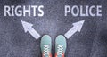 Rights and police as different choices in life - pictured as words Rights, police on a road to symbolize making decision and