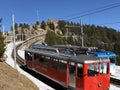 Rigi Mountain railways or Rigi Bergbahnen First cogwheel railway in Europe or die erste Bergbahn Europas