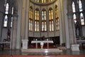 Rijeka, Croatia, May 2021. Central altar and stained glass windows in the background of the Capuchin Church in Rijeka, Croatia