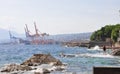 Rijeka, Croatia-May 22, 2022.Cranes Loading Cargo Containers at Adriatic Gate Port in Rijeka.Pecine beach