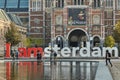 The Rijksmuseum Amsterdam museum area with the words IAMSTERDAM in Amsterdam, Netherlands