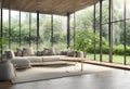 Modern living room with a window and greenery in the background.