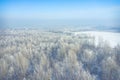 Rime and hoarfrost covering trees. Aerial view of the snow-covered forest and lake from above. Winter scenery. Landscape photo Royalty Free Stock Photo