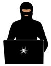 Criminal in balaclava at computer. Security officer at a laptop. Provocateur in social networks of the Internet. Silhouette