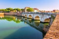 Rimini cityscape. Beautiful city landscape in Rimini, Italy. Famous Tiberius bridge. Ponte di Tiberio Royalty Free Stock Photo