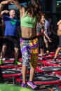 Rimini, Italy - june 2017: Mini Trampoline Workout: Girls doing Fitness Exercise in Outdoor Class at Gym Royalty Free Stock Photo