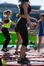 Rimini, Italy - june 2017: Mini Trampoline Workout: Girls doing Fitness Exercise in Outdoor Class at Gym Royalty Free Stock Photo