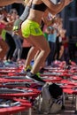 Rimini, Italy - june 2017: Mini Trampoline Workout: Girls doing Fitness Exercise in Outdoor Class at Gym Royalty Free Stock Photo